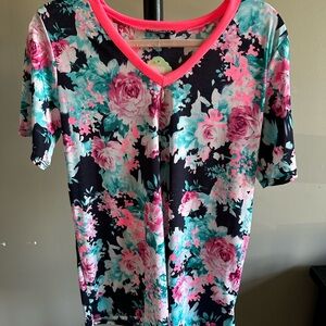 HEIMISH USA Navy Floral Top with Bright Pink Accents - Size M